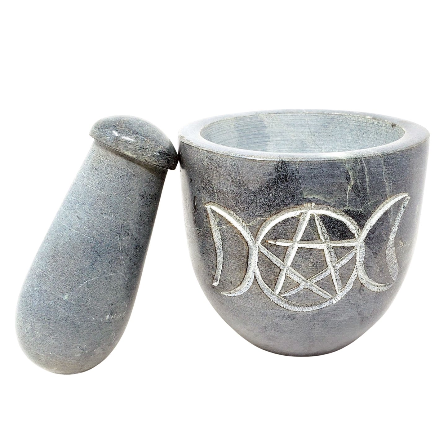 Triple Moon Pentagram Carved Soapstone Mortar & Pestle 2.75" High