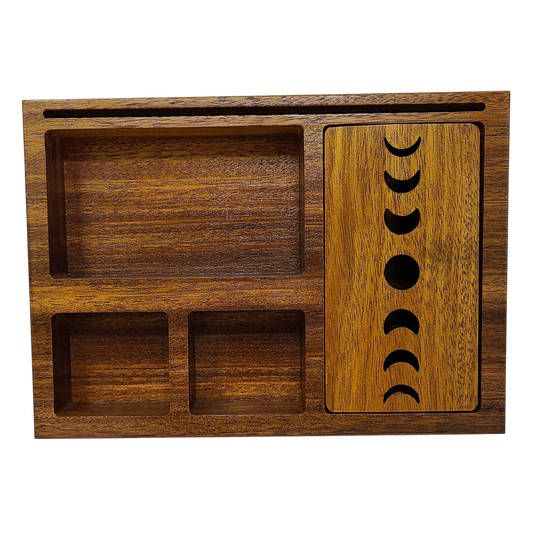 Wooden Tarot Card Holder with Moon Phase Lid Design Storage & Sectionals