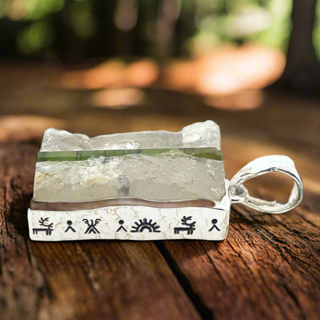 Green Tourmaline Crystal in Quartz Unisex Pendant