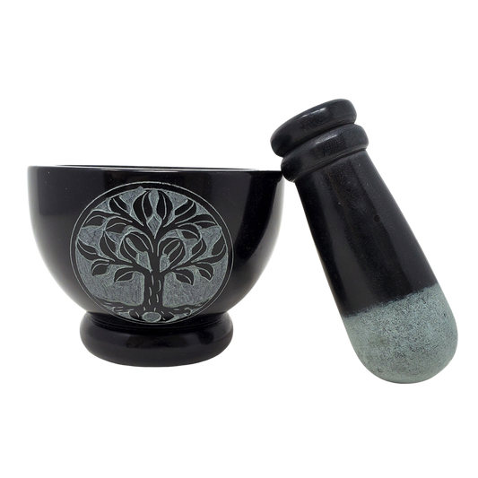 Tree of Life Carved Black Soapstone Mortar & Pestle