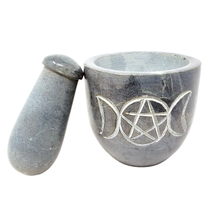 Triple Moon Pentagram Carved Soapstone Mortar & Pestle 2.75" High