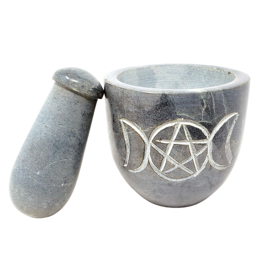Triple Moon Pentagram Carved Soapstone Mortar & Pestle 2.75" High