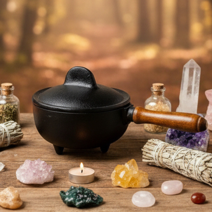 Cast Iron Cauldron with Lid & Wood Handle