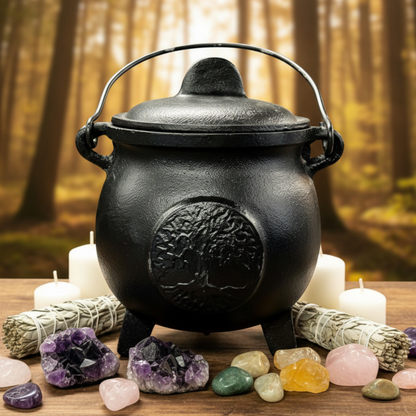 Tree of Life Cast Iron Cauldron with Lid 8"H