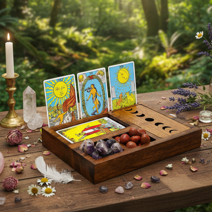 Wooden Tarot Card Holder with Moon Phase Lid Design Storage & Sectionals