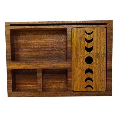 Wooden Tarot Card Holder with Moon Phase Lid Design Storage & Sectionals