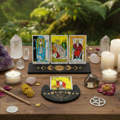 Wooden Tarot Card Holder with Moon Phase Design