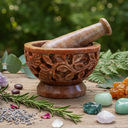 Soap Stone Carved Mortar & Pestle 4"D