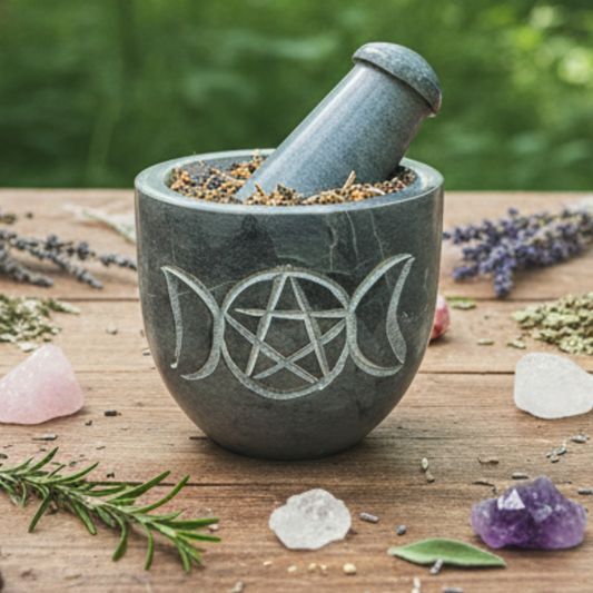 Triple Moon Pentagram Carved Soapstone Mortar & Pestle 2.75" High