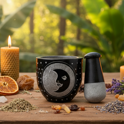 Moon Carved Black Soapstone Mortar & Pestle