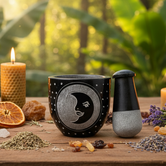 Moon Carved Black Soapstone Mortar & Pestle