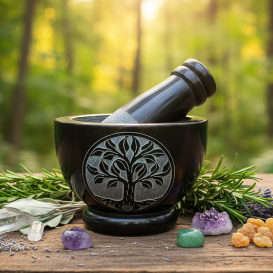 Tree of Life Carved Black Soapstone Mortar & Pestle