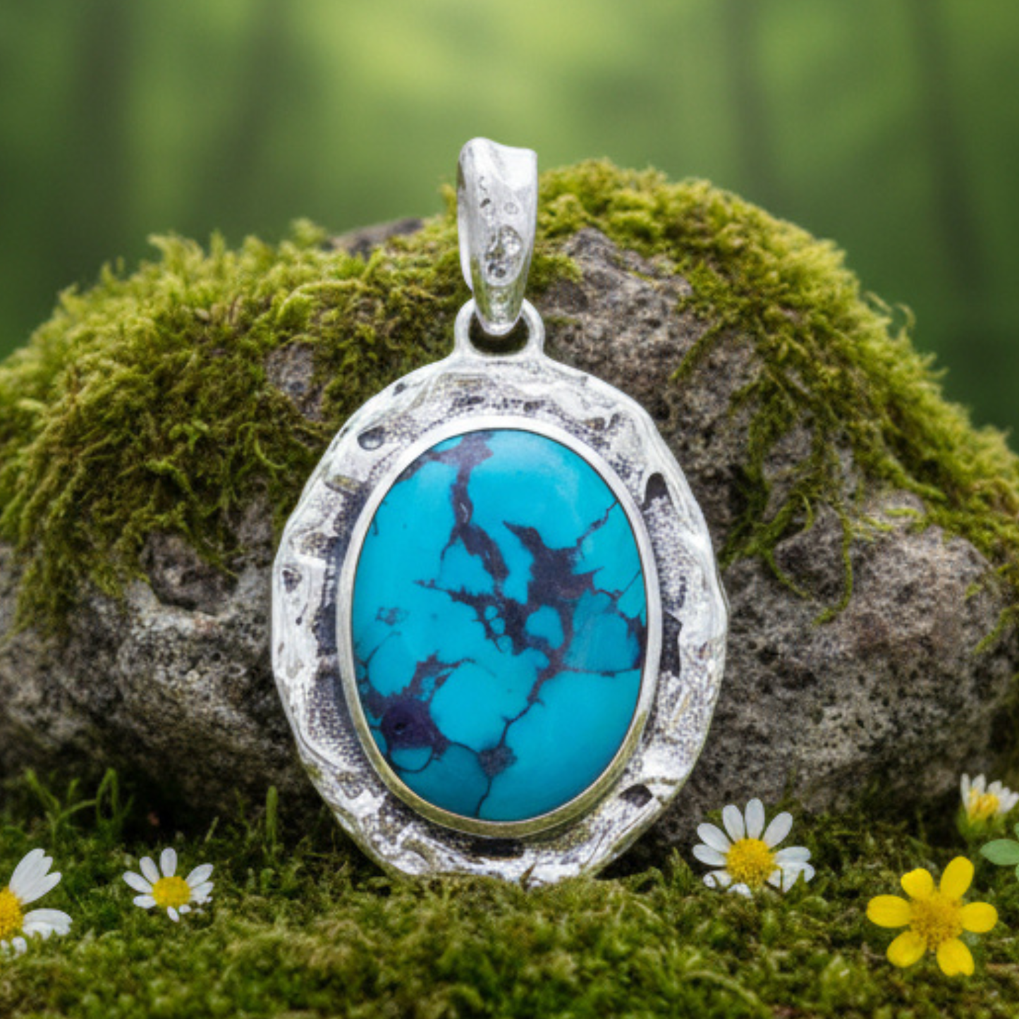 Turquoise Molten Silver Artisan Pendant