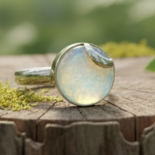 Rainbow Moonstone Ring w/ Crescent Design