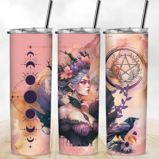 Moon Phase Raven Watercolor Wiccan Pentagram Witch Tumbler