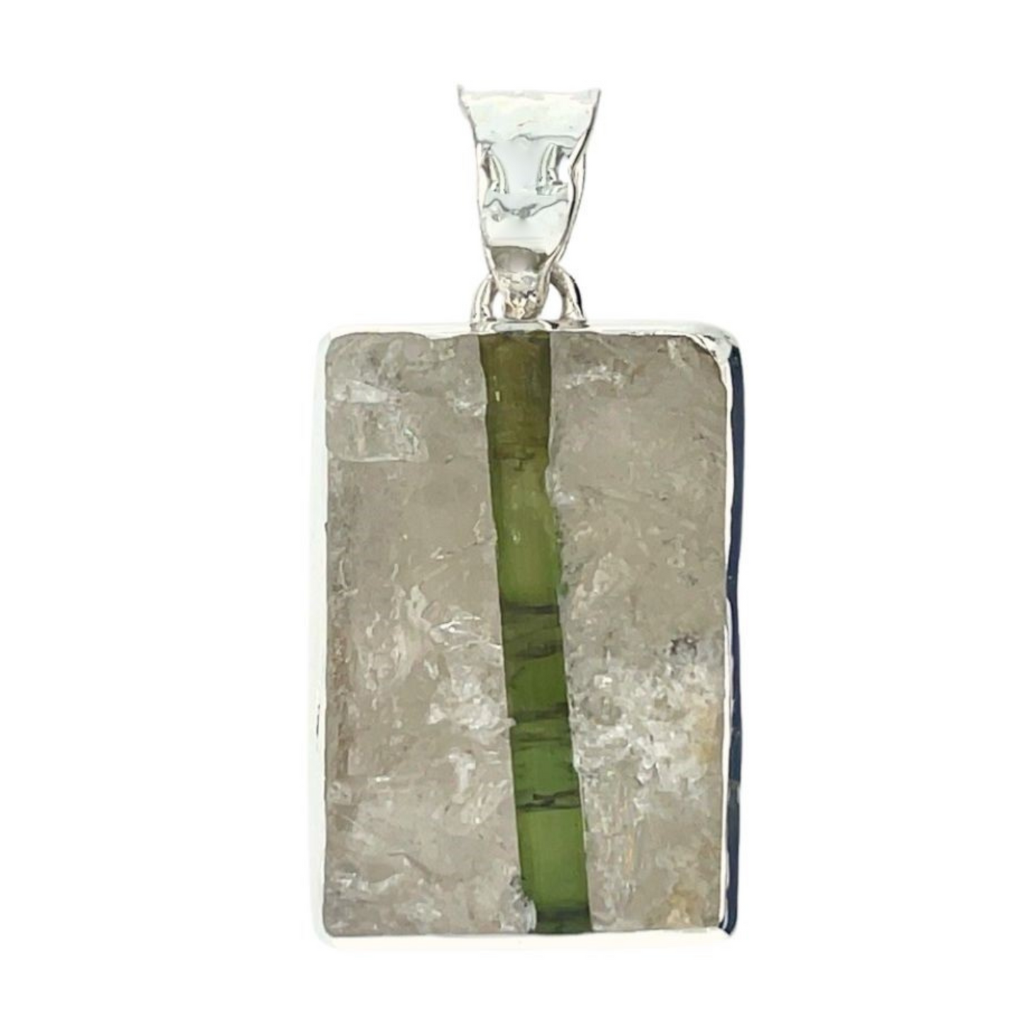 Green Tourmaline Crystal in Quartz Unisex Pendant