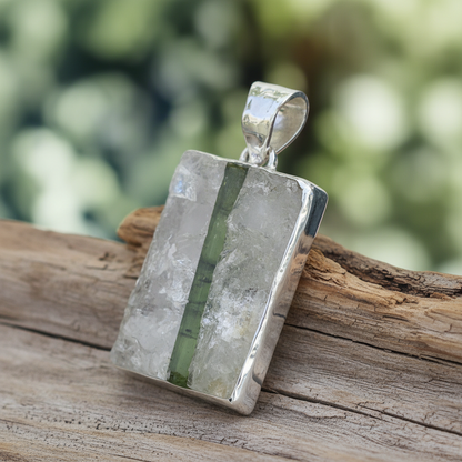 Green Tourmaline Crystal in Quartz Unisex Pendant
