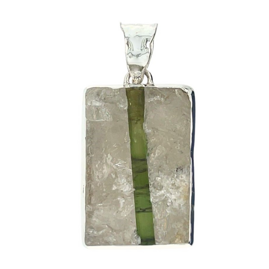 Green Tourmaline Crystal in Quartz Unisex Pendant