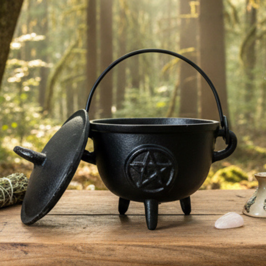 Pentagram Cast Iron Cauldron with Lid